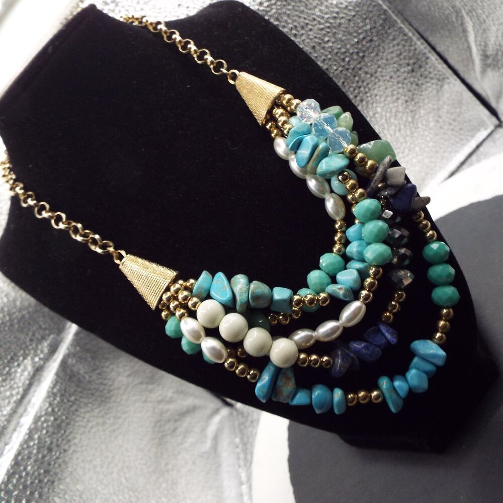 NATURAL TURQUOISE, JADE, LAPIS, CRYSTAL STONES CHUNKS 5 STRD. GOLDEN NECKLACE 68 - Picture 1 of 4